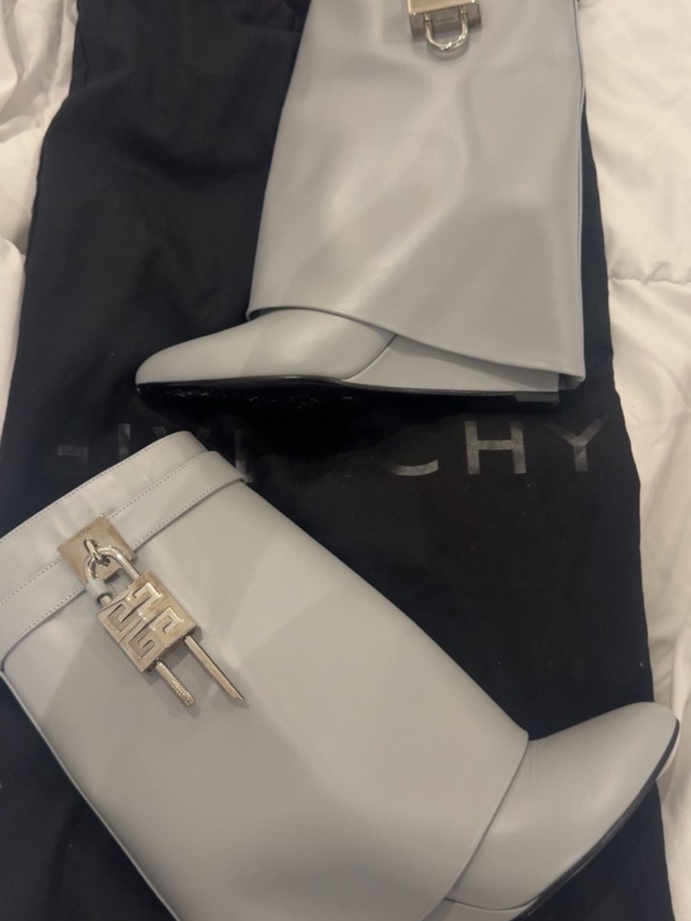 Givenchy Pale Gray Leather Mid-Calf Boots with Gold Charm